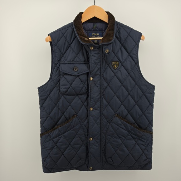 Polo Ralph Lauren Jackets & Blazers - Polo Ralph Lauren Mens Navy Blue Quilted Vest Corduroy Trim Size Medium